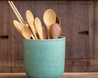 Medium-sized ceramic utensil holder, Matte turquoise utensils holder, Pottery cutlery holder, Medium sized turquoise pottery utensils jar