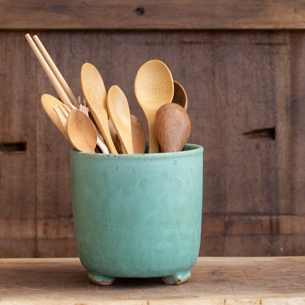 Medium-sized ceramic utensil holder, Matte turquoise utensils holder, Pottery cutlery holder, Medium sized turquoise pottery utensils jar