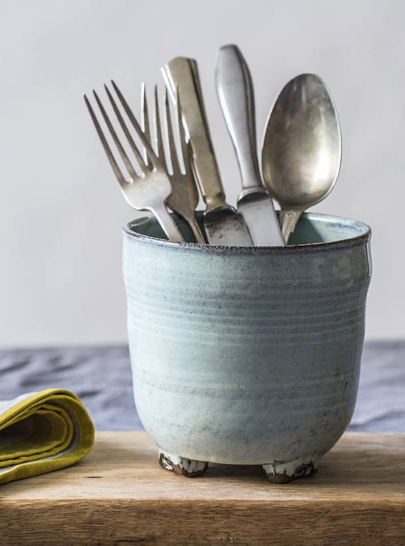Pottery Light Blue Utensil Holder Etsy