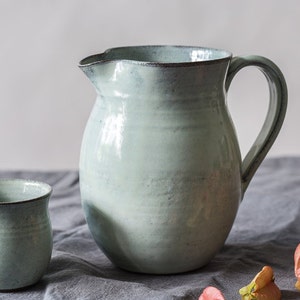 Handmade Ceramic Pitcher, Light Blue Pottery Jug, Rustic Vase