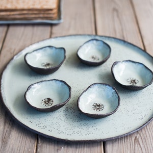 Ceramic big light blue tray and 5 small bowls, Big pottery platter set, Big ceramic cake stand, Passover Plate, Serving Plater, Ceramic Tray