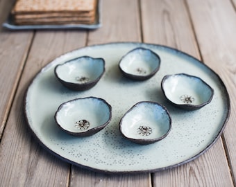 Ceramic big light blue tray and 5 small bowls, Big pottery platter set, Big ceramic cake stand, Passover Plate, Serving Plater, Ceramic Tray