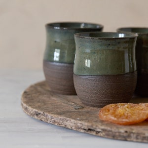 Unique dark green 2 ceramic tumblers, Pottery tumblers, SET OF TWO, Small tea cups, Small ceramic coffee cups, Handless cups, Gift for him
