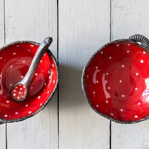 Small red ceramic bowls and 2 spoons, SET OF FOUR, Small pottery tapas bowls, Polka dot pottery bowls, Gift for her, Mother's day gift