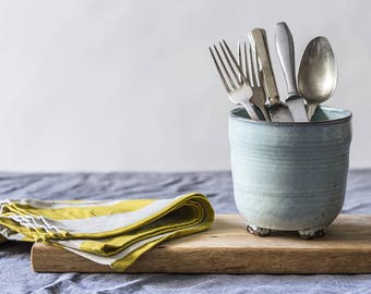 Pottery light blue utensil holder, Light blue ceramic cutlery jar, Pottery medium sized utensils dish, Housewarming gift, Gift for her