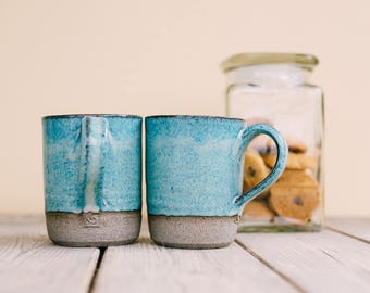 Pottery turquoise mug set, Ceramic coffee mugs set, Ceramic turquoise tea cups, coffee lovers gift, gift for him, SET OF TWO