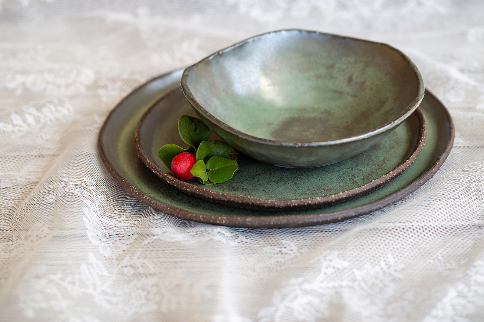 Rustic green dinnerware set of THREE Etsy