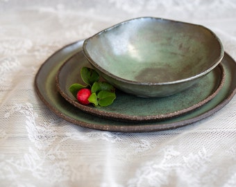 Rustic ceramic green dinnerware, Ceramic plates set, Pottery green plates set, Pottery green dinnerware set, Set of THREE, Holiday gift