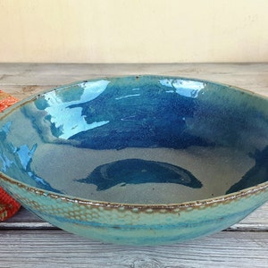 Big pottery turquoise bowl, Big ceramic salad bowl, Large ceramic serving dish, Large pottery bowl, Father's Day gift, Ceramic dinnerware image 2