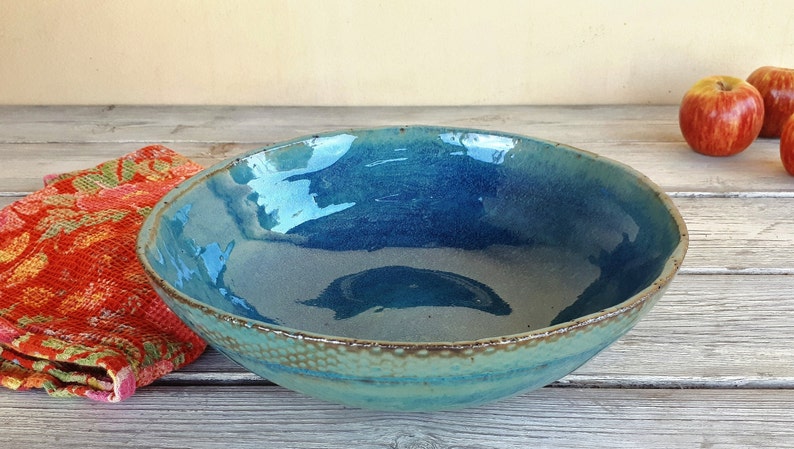 Big pottery turquoise bowl, Big ceramic salad bowl, Large ceramic serving dish, Large pottery bowl, Father's Day gift, Ceramic dinnerware image 2