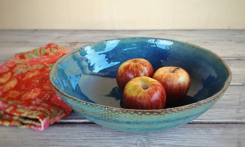 Big pottery turquoise bowl, Big ceramic salad bowl, Large ceramic serving dish, Large pottery bowl, Father's Day gift, Ceramic dinnerware image 1