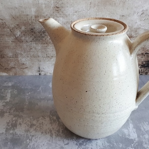 Może przedstawiać: Biały ceramiczny czajnik z pokrywką i kropkowanym szkliwem. Czajnik ma zaokrąglony korpus i uchwyt.