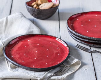 Ceramic polka dot red plates set, SET OF 2, Pottery dessert plates, Pottery red small plates, Ceramic serving dish, Gift for her
