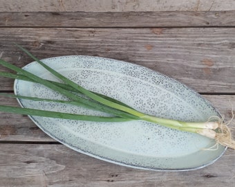 May include: A light green oval ceramic serving platter with a speckled pattern. The platter is on a wooden surface and has a bunch of green onions on top.