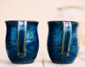 Handmade Blue Jeans Pottery Coffee Mugs Set: 13oz Rustic Drinkware