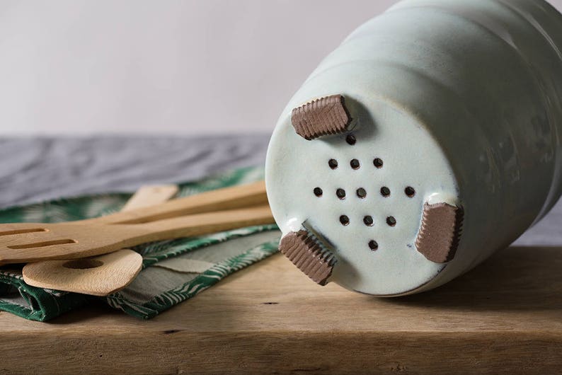 Big ceramic light blue utensil holder, Big pottery light blue utensils dish, Big ceramic container, Silverware Organizer image 5