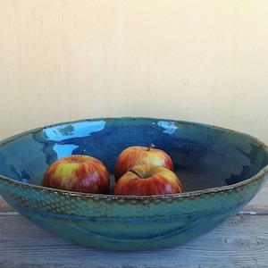 Big pottery turquoise bowl, Big ceramic salad bowl, Large ceramic serving dish, Large pottery bowl, Father's Day gift, Ceramic dinnerware image 4