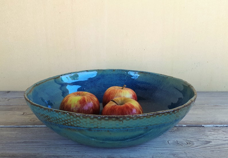 Big pottery turquoise bowl, Big ceramic salad bowl, Large ceramic serving dish, Large pottery bowl, Father's Day gift, Ceramic dinnerware image 4