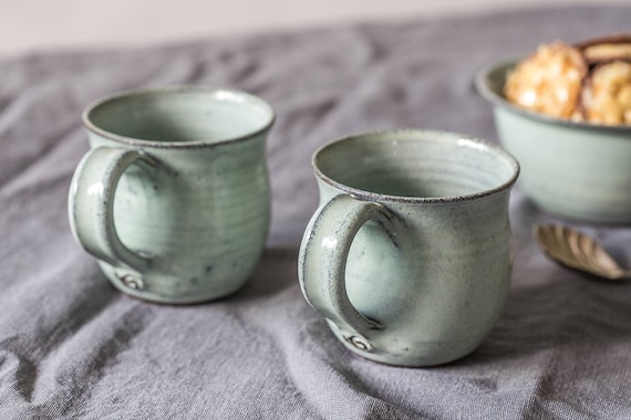 Handgemachte Keramik Cappuccino Tassen Set, Hellblaue Keramik Tassen, Zweier Set