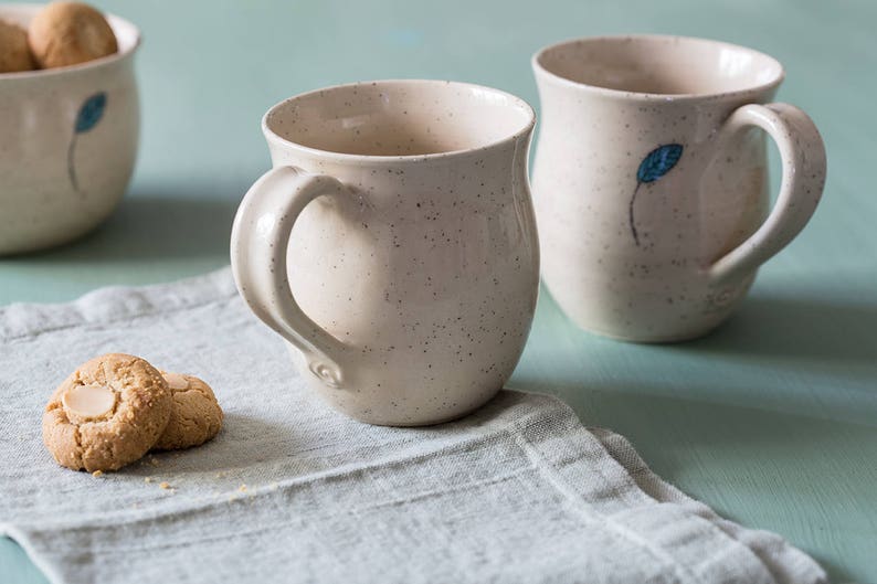 Ceramic white dotted mug set, SET OF 2, Pottery coffee mugs set, Pottery tea cups, Coffee lovers gift, gift for her image 3