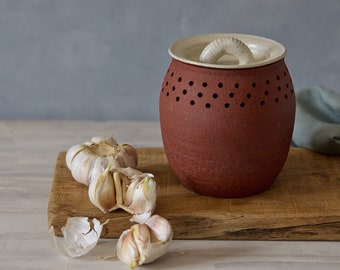 Ceramic garlic container, Pottery garlic holder with a white lid, Ceramic garlic canister, Rustic pottery jar