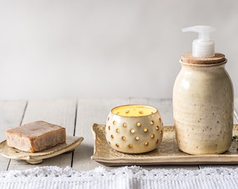 Pottery bathroom set, SET OF 4, Ceramic white soap dish, Ceramic soap dispenser, Pottery tray, Ceramic bathroom set, Decoravite Pottery