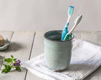 Ceramic utensil holder, Pottery light blue toothbrush holder, Pottery bath accessories, Ceramic bath decor, Light blue ceramic toothbrush