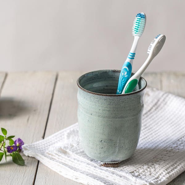 Ceramic utensil holder, Pottery light blue toothbrush holder, Pottery bath accessories, Ceramic bath decor, Light blue ceramic toothbrush