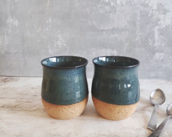 Handmade Ceramic Mug Set: Green Blue Handleless Pottery Cups 10 fl oz