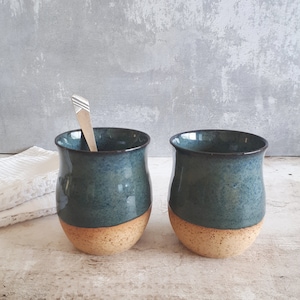 Handmade Ceramic Pottery Handleless Mug Set: Deep Green Blue Ocean Glaze 10 oz