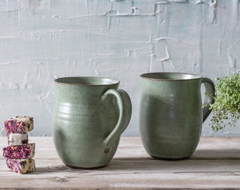 Conjunto de canecas grandes de cerâmica verde-clara, Conjunto de canecas grandes de cerâmica, Conjunto de canecas grandes de café de cerâmica, Presente para amantes de café, Conjunto de duas, Presente para ela, US DDP