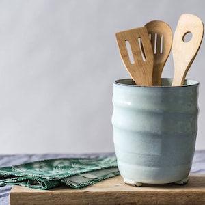 Big ceramic light blue utensil holder, Big pottery light blue utensils dish,  Big ceramic container, Silverware Organizer