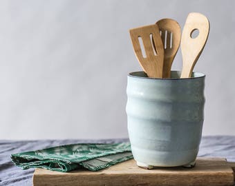 Big ceramic light blue utensil holder, Big pottery light blue utensils dish,  Big ceramic container, Silverware Organizer