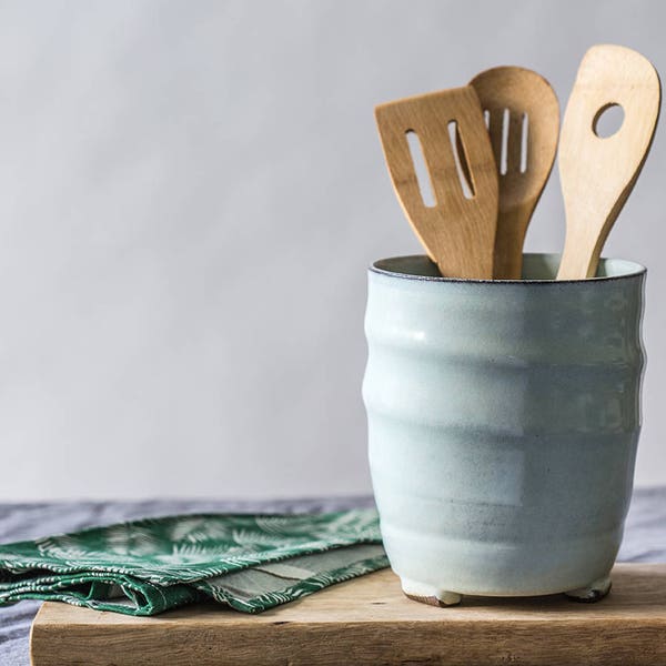Porta utensilios grande de cerámica azul claro, Plato grande para utensilios de cerámica azul claro, Recipiente grande de cerámica, Organizador de cubiertos
