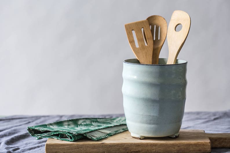 Big ceramic light blue utensil holder, Big pottery light blue utensils dish, Big ceramic container, Silverware Organizer image 1