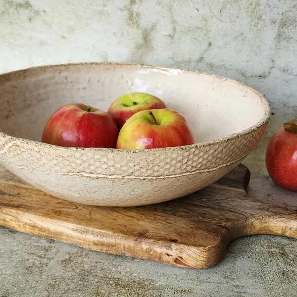 Grand bol à fruits en céramique, grand saladier en poterie, plat de service en poterie, grand bol de service blanc, saladier blanc en céramique, cadeau de vacances