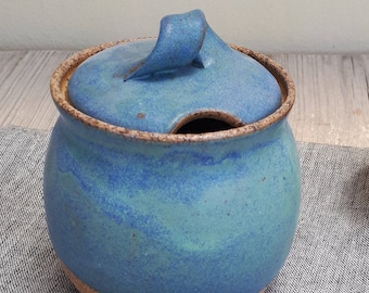 Ceramic blue and green honey bowl, Pottery sugar bowl, Pottery blue and green canister, Ceramic jar, Pottery honey pot, Housewarming gift