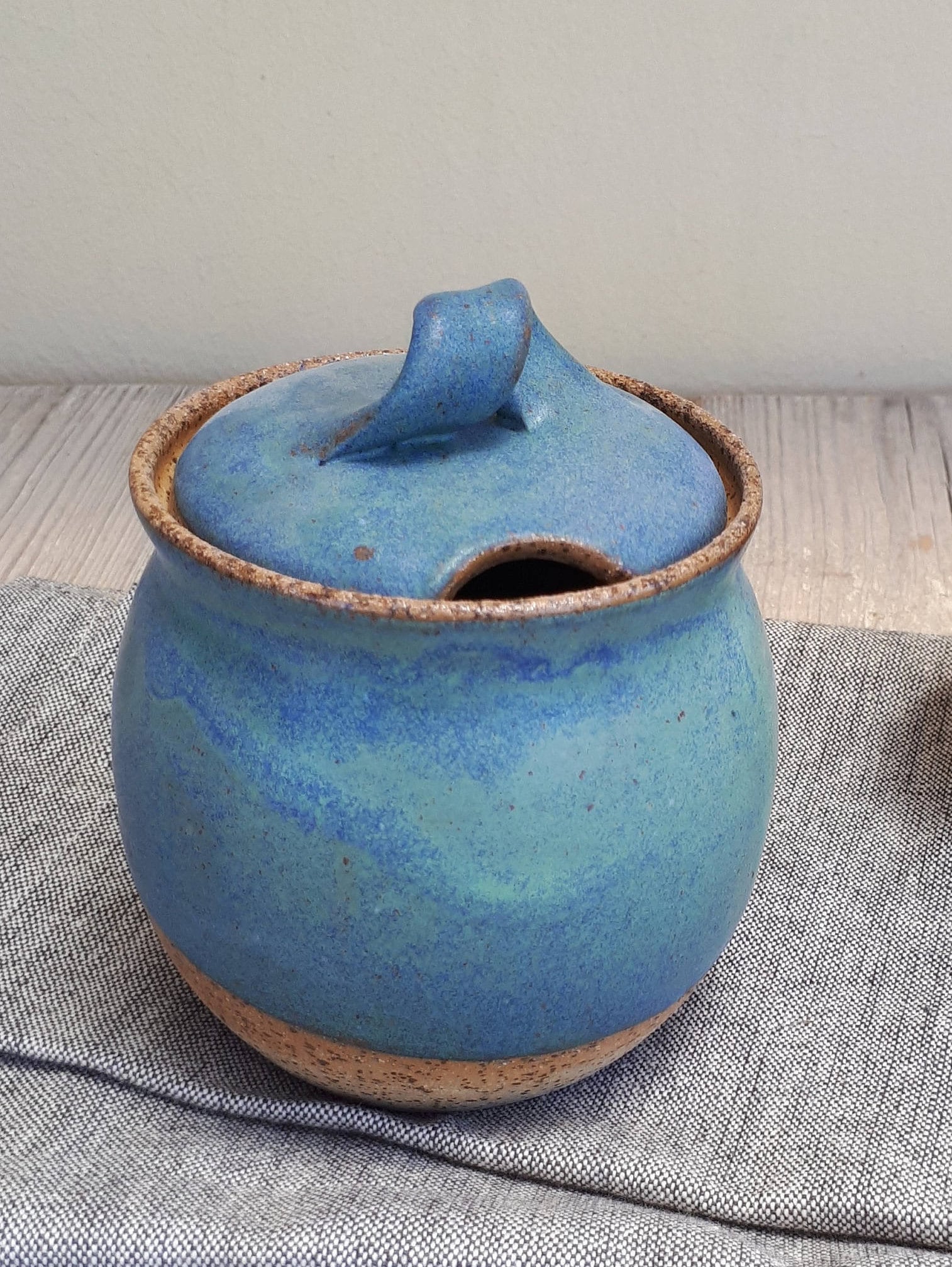 bol à miel en céramique bleu et vert, sucrier poterie, boîte métallique bleue verte pot céramique, de cadeau pendaison crémaillère
