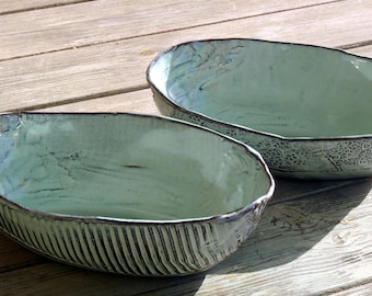 Pottery light blue bowl set, SET OF TWO, Ceramic salad bowl, Light blue oval bowl, Pottery bowl handmade, Ceramic serving dish, Hostess gift