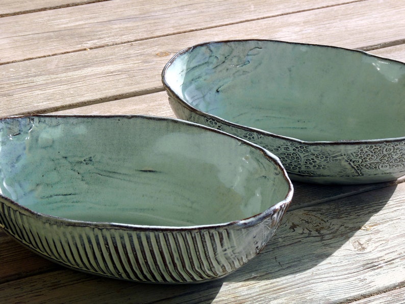 Light blue bowls Ceramic bread bowl Salad bowls Blue pottery Pottery bowl set Ceramic serving dish Pottery oval bowls set SET OF TWO
