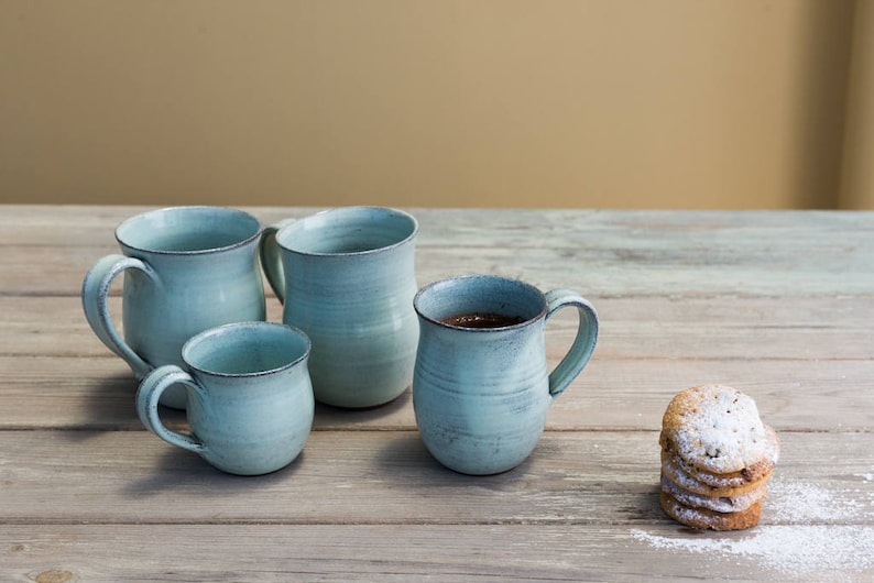 Pottery light blue mug set, SET OF 2, Pottery tea cup set, Ceramic coffee mug handmade, Coffee lovers gift, Ceramic light blue tea cup set image 2