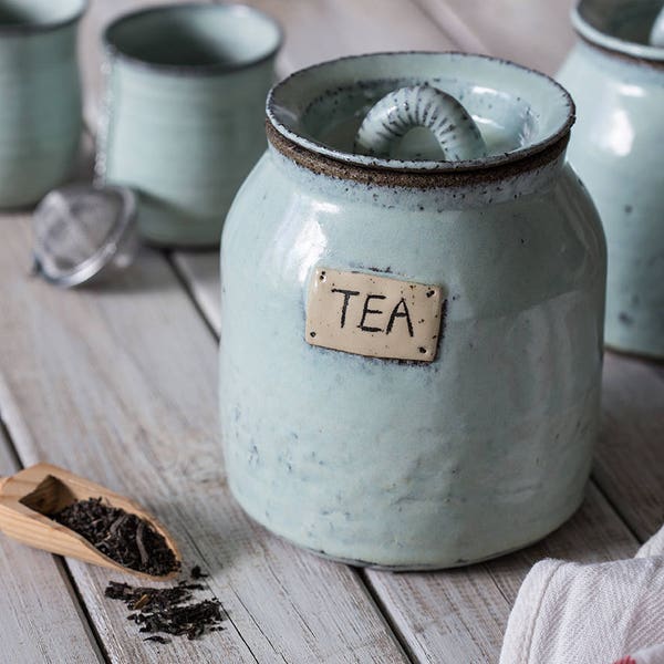 Récipient à thé en céramique, boîte à thé en poterie bleue rustique, boîte à thé en céramique, récipient à thé bleu clair en poterie, pot de cuisine en poterie