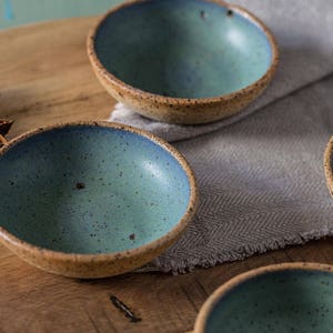 Small ceramic bowls, SET OF FOUR, Small pottery tapas bowls set, Small ceramic dipping bowls, Small green and blue serving dish