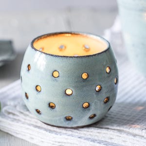 Ceramic candle holder, Ceramic light blue tea light, Pottery tea light, Pottery candle bowl, Romantic gift, Bedroom decor, Gift for her image 1