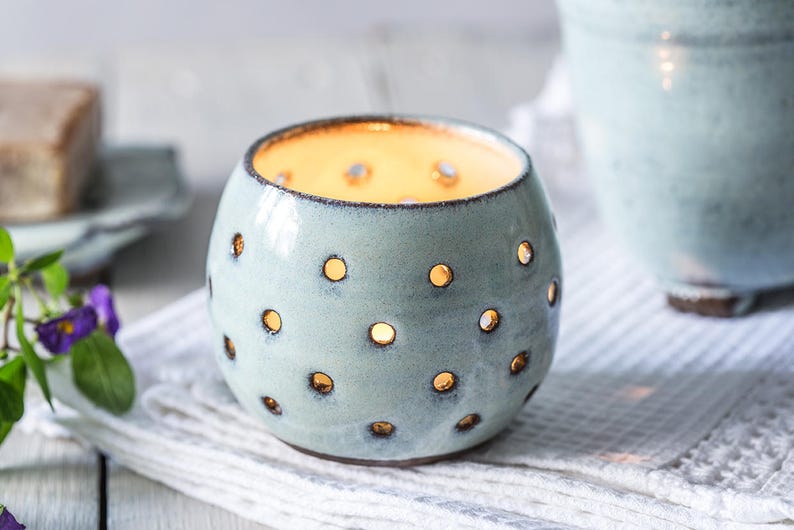 Ceramic candle holder, Ceramic light blue tea light, Pottery tea light, Pottery candle bowl, Romantic gift, Bedroom decor, Gift for her image 1