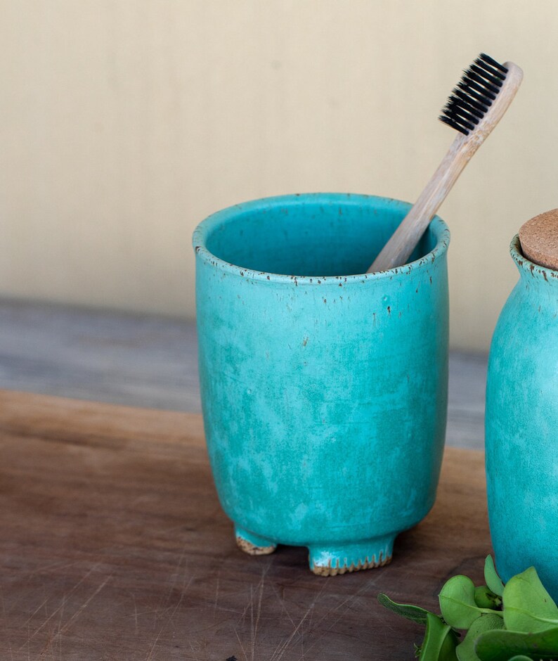 Ceramic utensil holder Pottery semi matte turquoise Etsy