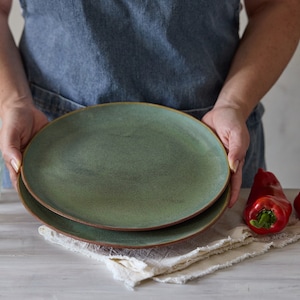 Big pottery light green plate set, Big ceramic plate set, Big light green dinner plates, Pottery serving plates, SET OF TWO