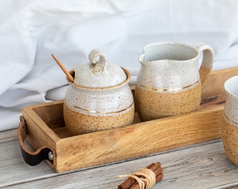 Ceramic rustic sugar bowl and a creamer with a GOLD line, Pottery sugar dish and a creamer, Unique sugar and creamer, Gold lovers gift