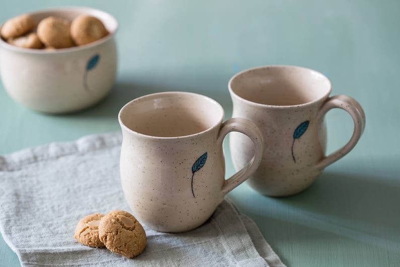 Ceramic white dotted mug set, SET OF 2, Pottery coffee mugs set, Pottery tea cups, Coffee lovers gift, gift for her image 1