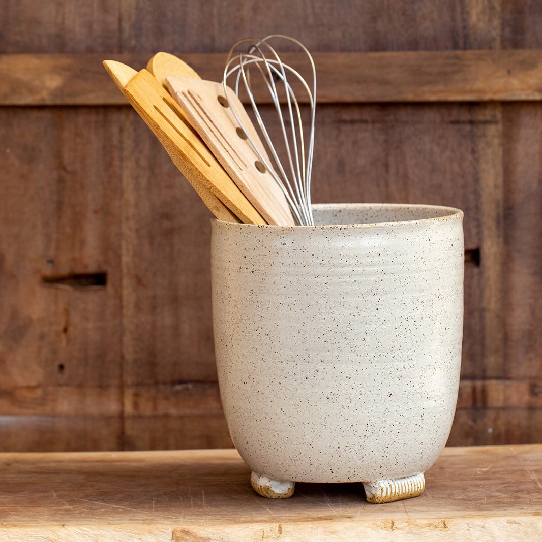 Big Ceramic White Utensil Holder Big Pottery Utensil Holder Etsy